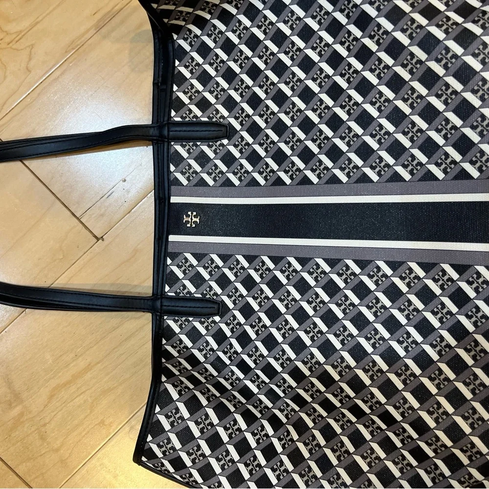 Tory Burch Black & White Geometric Logo Tote